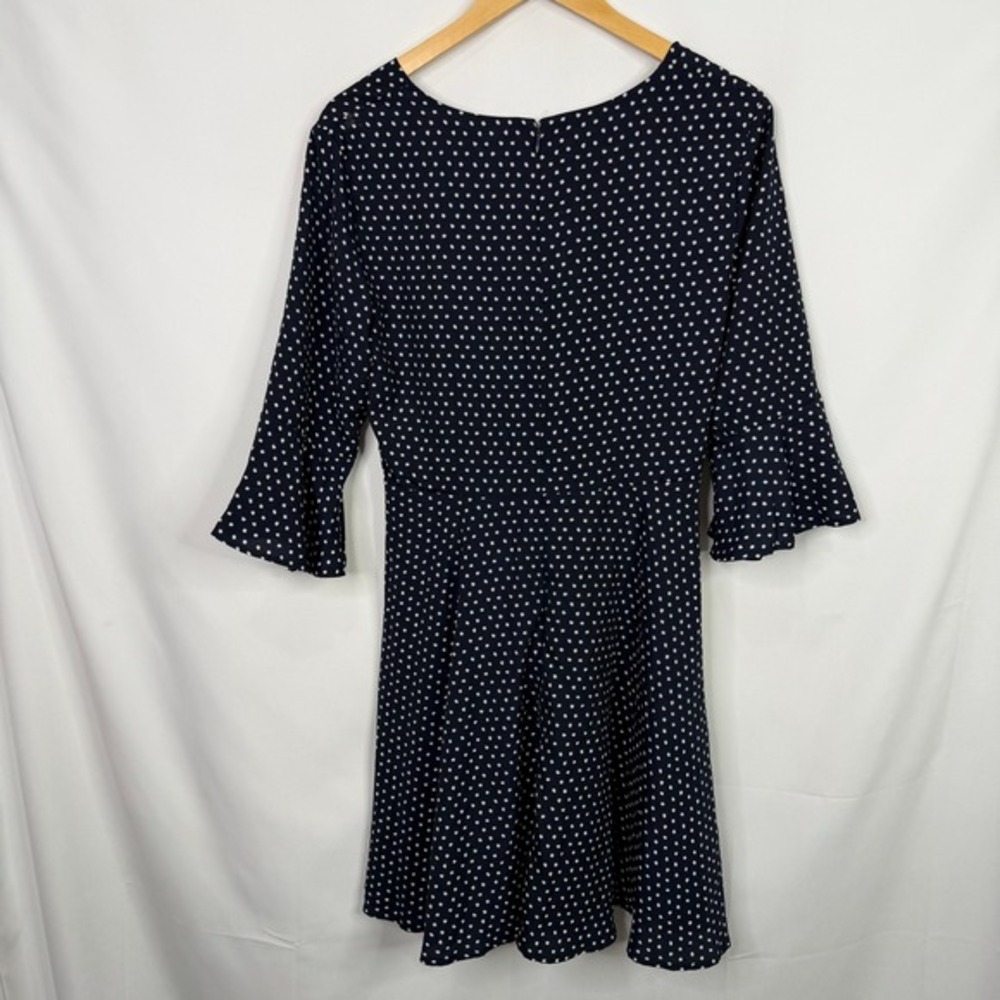 Everly Navy Blue Polka Dot Fit and Flare Dress Bell Sleeve V-Neck Womens L - Picture 5 of 7